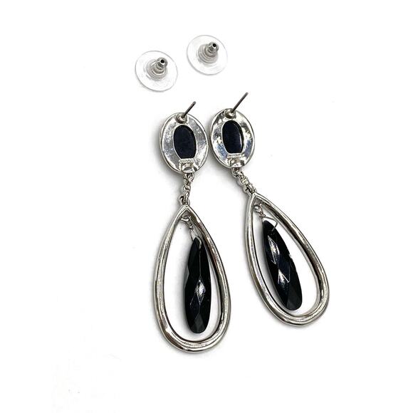 Monet Earrings Dangles Drops Silver Tone Black Rhinestones Pierced - Picture 4 of 10